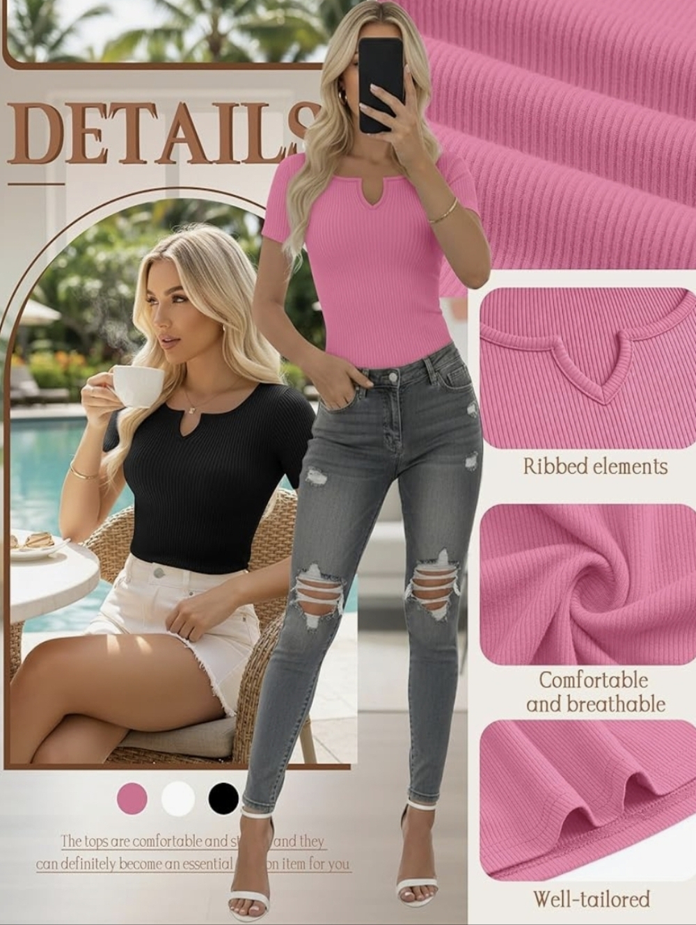 3pk. Ribbed V-Notch Short Sleeve Tops - Picture 3 of 5